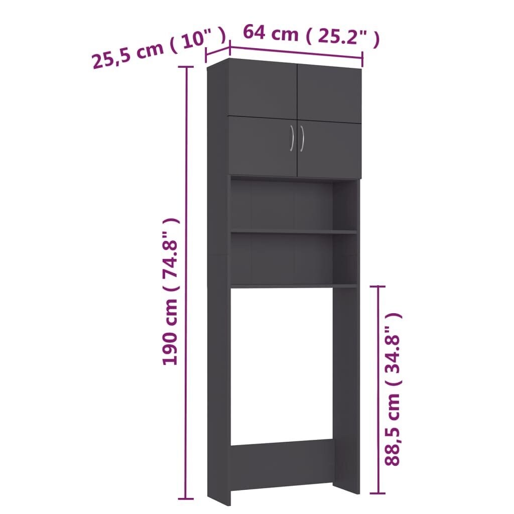 vidaXL Pesukonekaappi harmaa 64x25,5x190 cm lastulevy hinta ja tiedot | Kylpyhuonekaapit | hobbyhall.fi