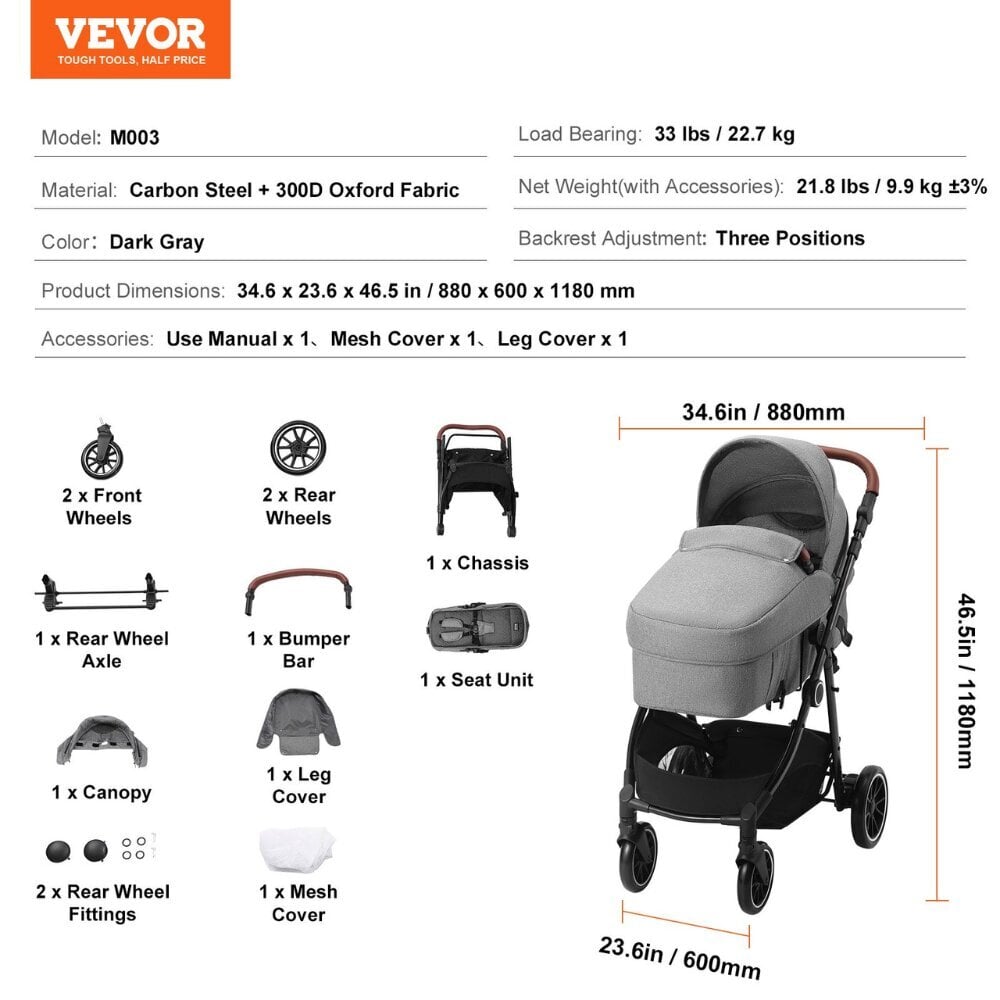 Baby Buggy lastenvaunut Vevor, harmaa hinta ja tiedot | Vaunut ja rattaat | hobbyhall.fi