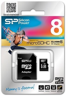 Silicon Power -muistikortti microSDHC 8GB Class 10 + sovitin hinta ja tiedot | Puhelimen muistikortit | hobbyhall.fi
