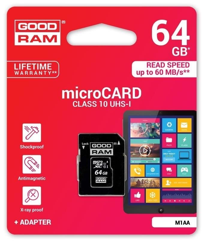 Muistikortti Goodram micro SDXC 64GB Class 10 + sovitin hinta ja tiedot | Puhelimen muistikortit | hobbyhall.fi