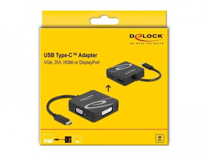 4in1-sovitin Delock 63129 USB-C - VGA / DVI / Displayport / HDMI-liitäntä, musta hinta ja tiedot | Adapterit | hobbyhall.fi