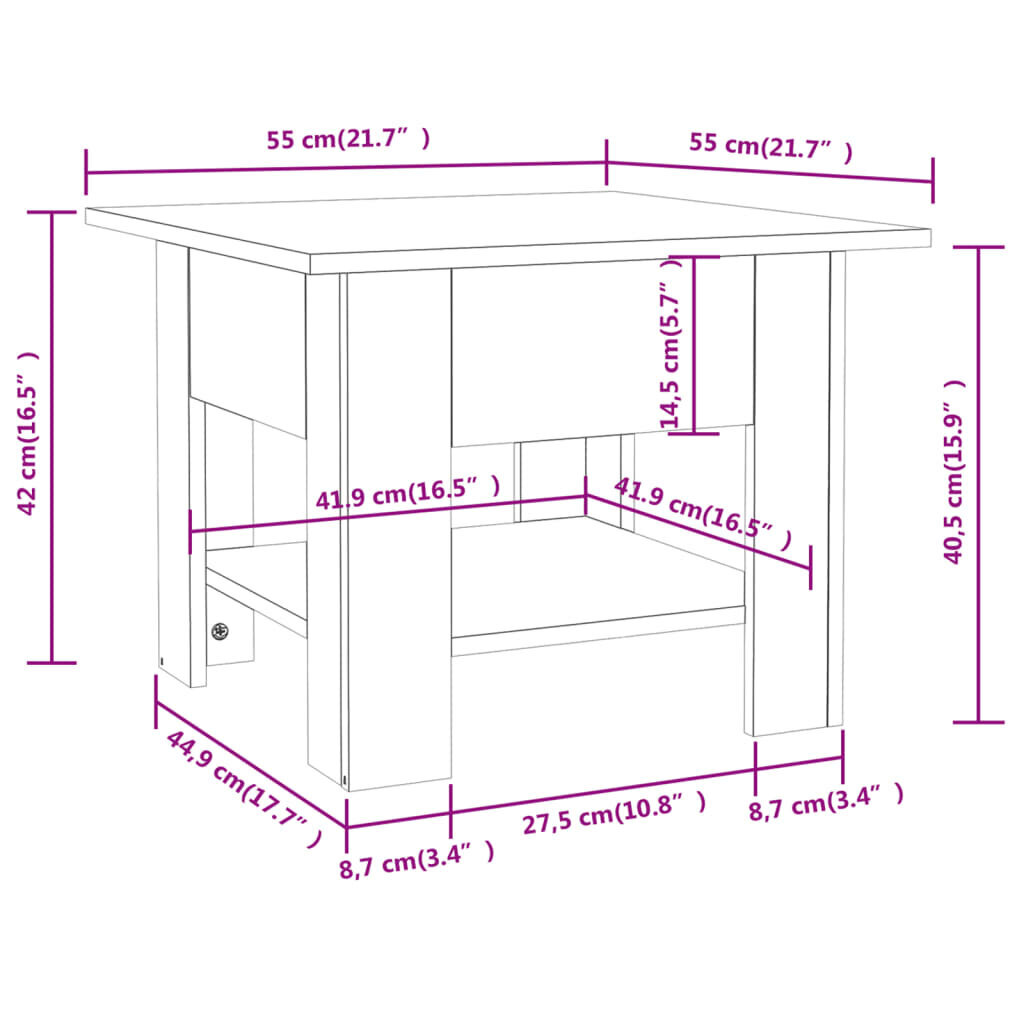 vidaXL Sohvapöytä ruskea tammi 55x55x42 cm lastulevy hinta ja tiedot | Sohvapöydät | hobbyhall.fi