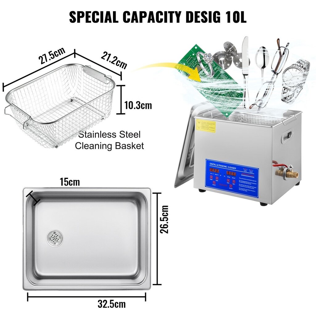 Ultraäänipesuallas, 10L hinta ja tiedot | Siivoustarvikkeet | hobbyhall.fi