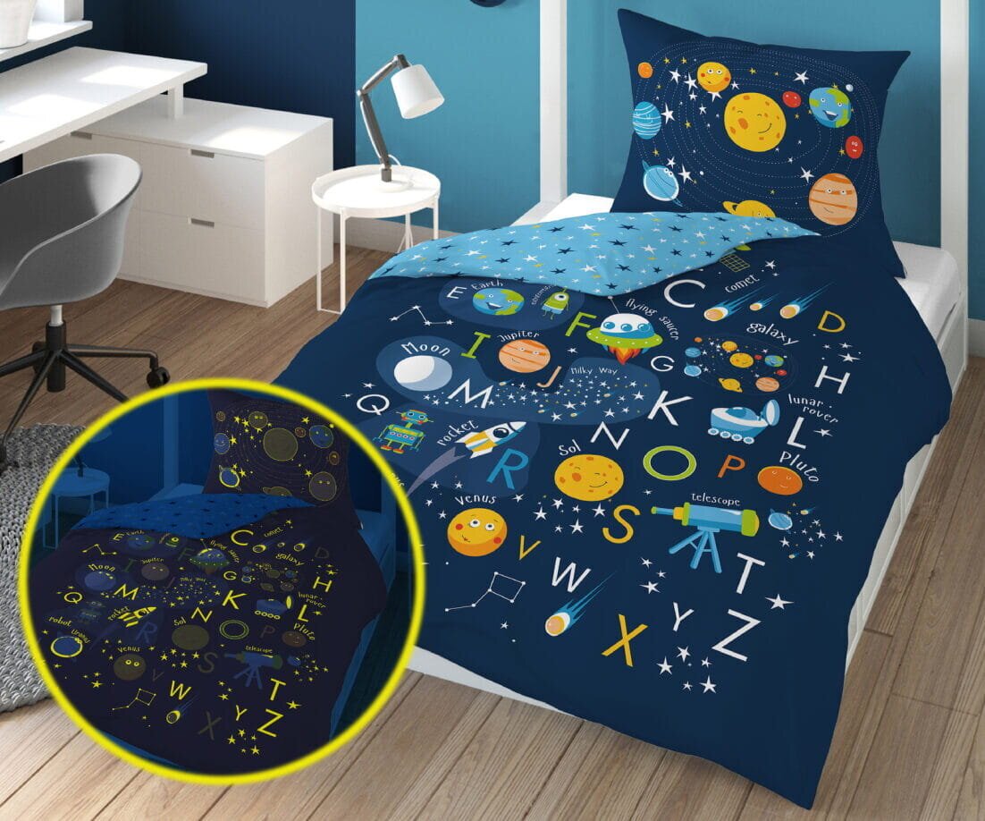 Vuodevaatteet lapsille 2 kpl pimeässä hehkuvia 140x200 Space Planets hinta ja tiedot | Vuodevaatteet lapsille | hobbyhall.fi