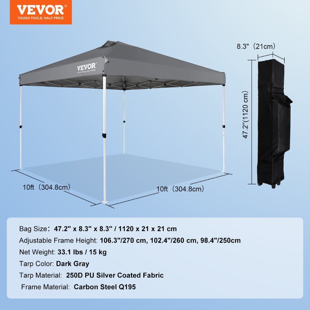 Pop-up taittuva paviljonki Vevor, harmaa, 304x304cm hinta ja tiedot | Teltat | hobbyhall.fi