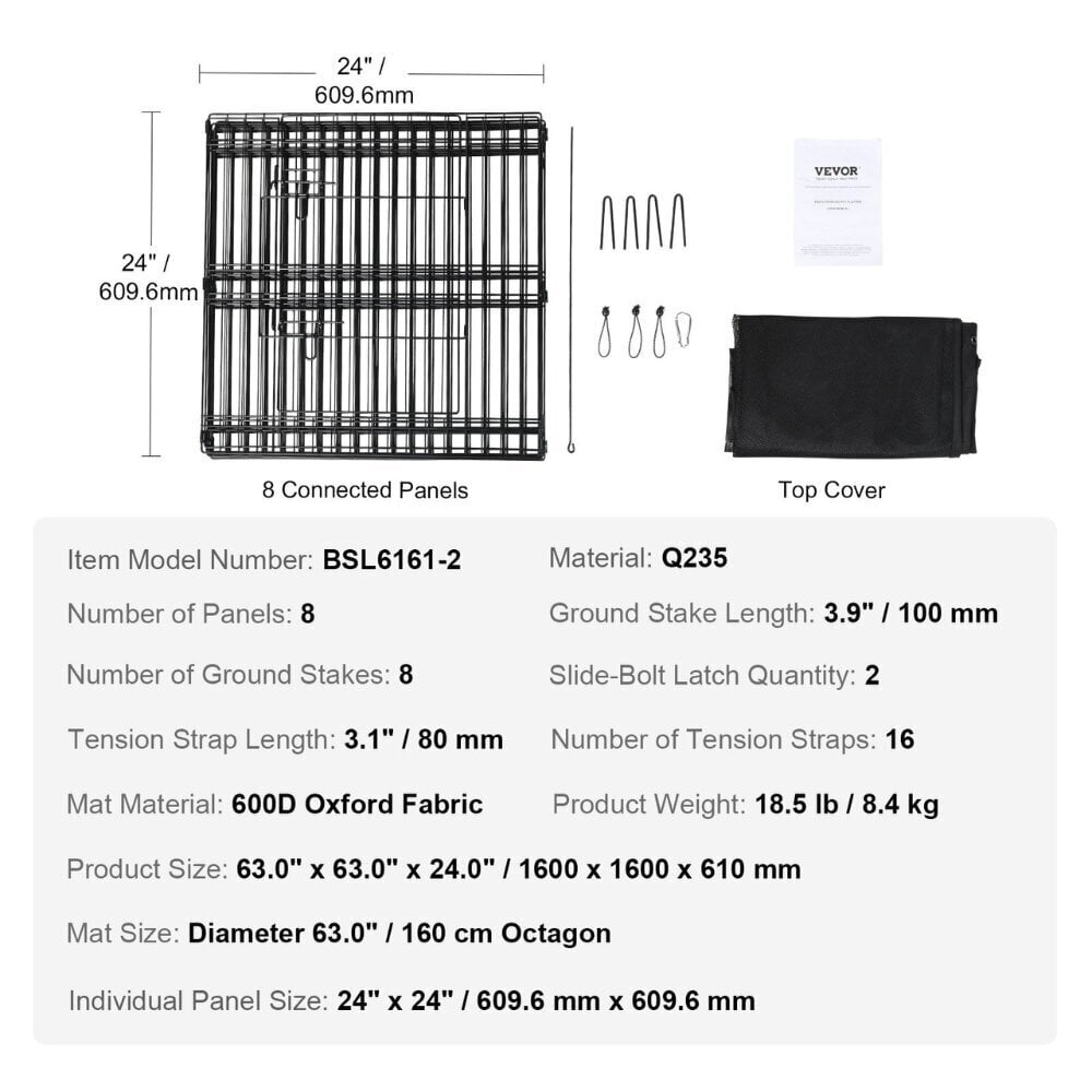 Metallinen lemmikkien aitaus Vevor, 60 cm, 8 kpl hinta ja tiedot | Pedit ja pesät | hobbyhall.fi