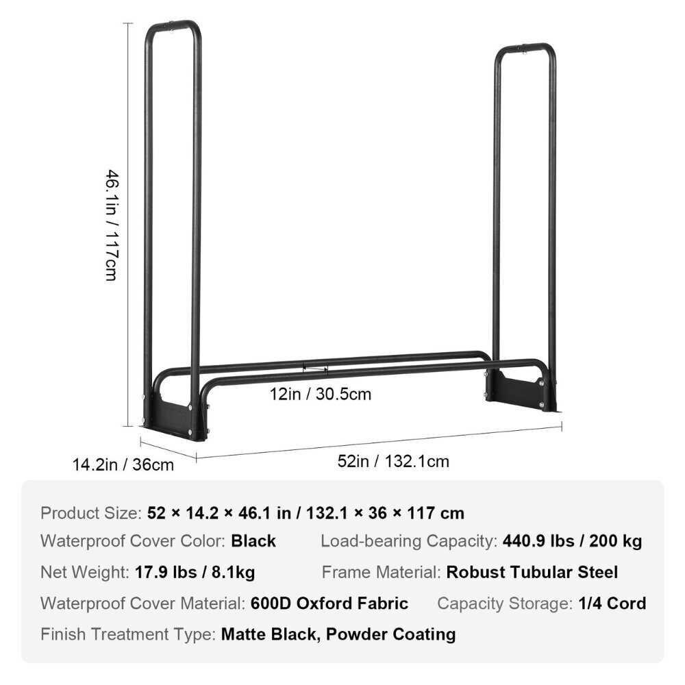 Metallinen polttopuuständi Vevor, teltalla, 132x36x117 cm hinta ja tiedot | Piharakennukset | hobbyhall.fi