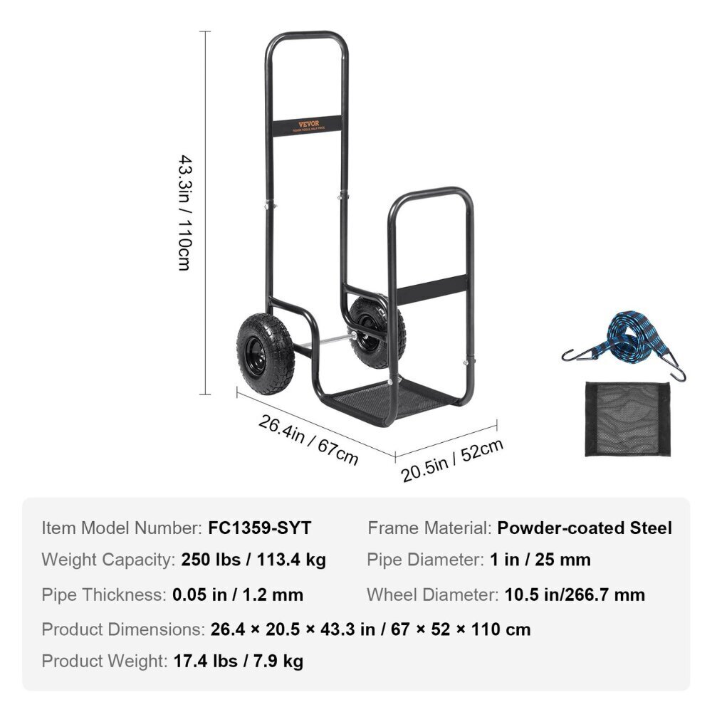 Suuri polttopuiden kuljetuskärry Vevor, 113 kg, 67x52x110 cm. hinta ja tiedot | Käsityökalut | hobbyhall.fi