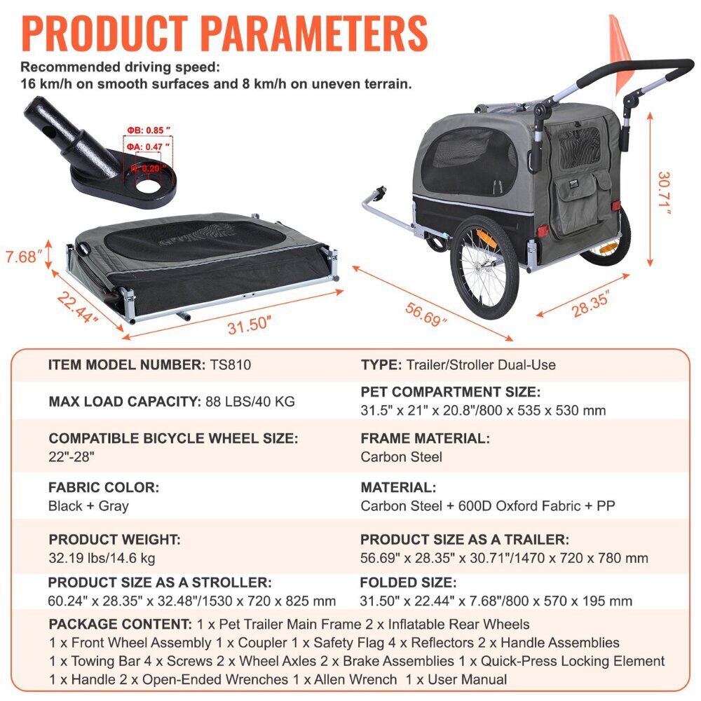 2-in-1 Työnnettävä pyöräkärry lemmikeille Vevor, 40 kg, harmaa/musta hinta ja tiedot | Kuljetushäkit ja kuljetuslaatikot | hobbyhall.fi