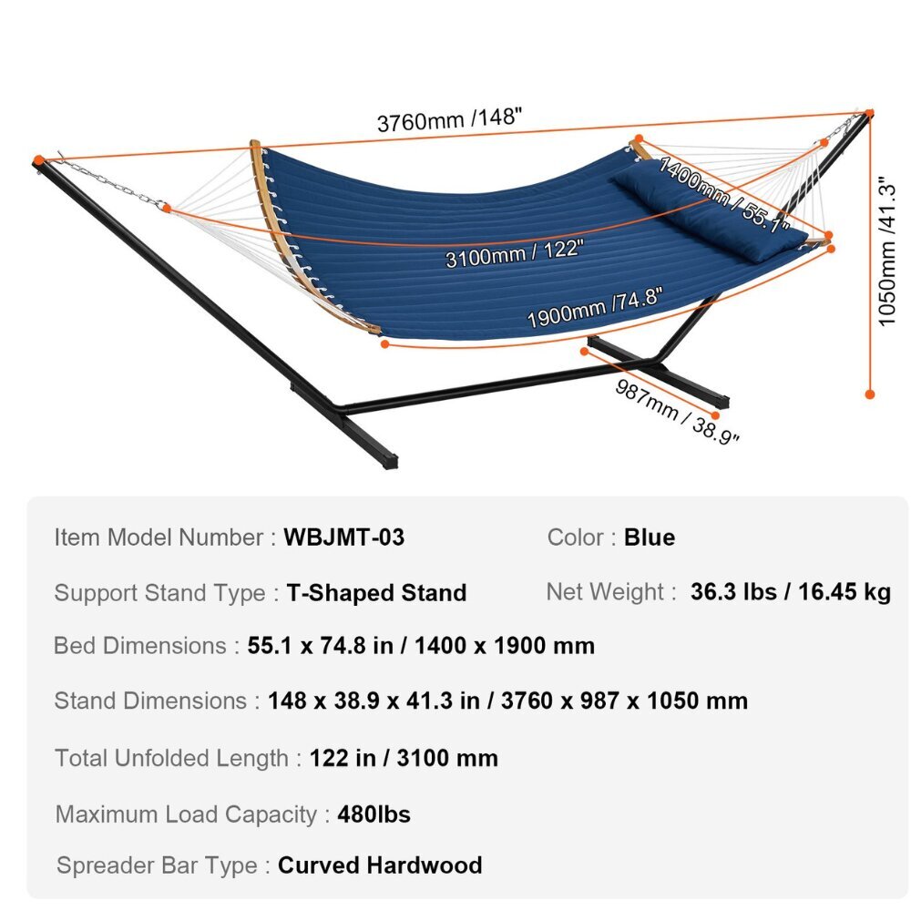 Vevor-riippumatto metallirungolla, 376x140 cm, sininen hinta ja tiedot | Riippumatot | hobbyhall.fi