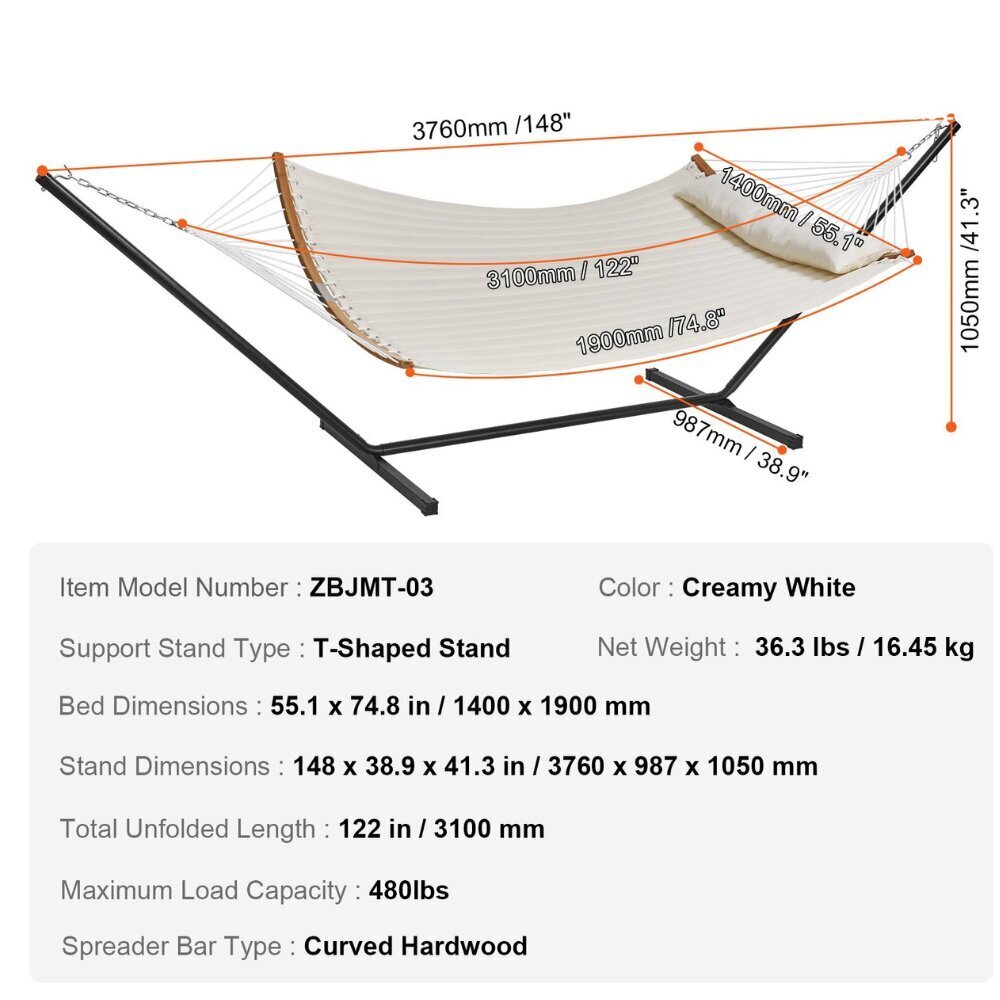 Vevor-riippumatto telineellä, 376x140 cm, valkoinen hinta ja tiedot | Riippumatot | hobbyhall.fi