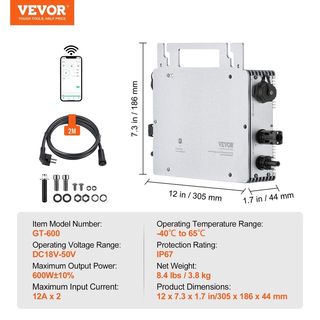 Grid Tie verkkomikroinvertteri aurinkomoduuleille Vevor GT-600 WiFi hinta ja tiedot | Aurinkopaneelit | hobbyhall.fi