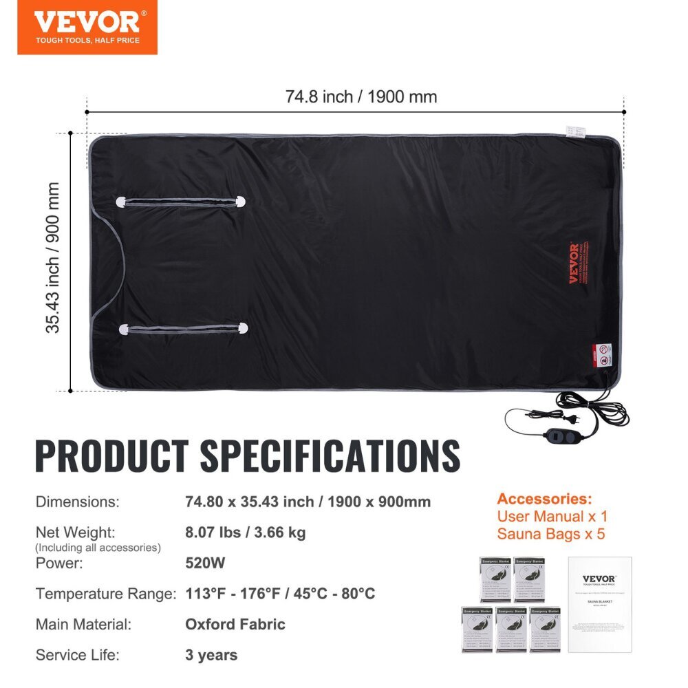 Vevor infrapunasaunan peitto käsinojilla, 520W, 190x90cm hinta ja tiedot | Lämpö- ja hierontalaitteet | hobbyhall.fi