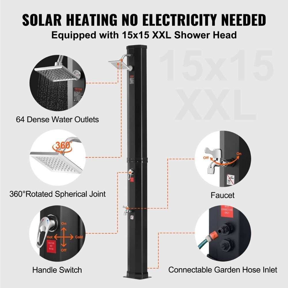 Aurinkoenergialla lämmitettävä suihku Vevor, musta, 217 cm, 35 l hinta ja tiedot | Uima-allastarvikkeet | hobbyhall.fi