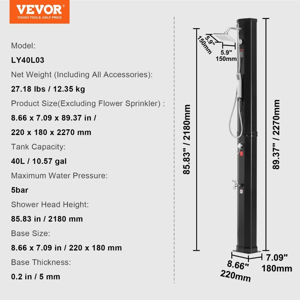 Aurinkoenergialla lämmitettävä suihku Vevor, musta, 227 cm, 40 l hinta ja tiedot | Uima-allastarvikkeet | hobbyhall.fi