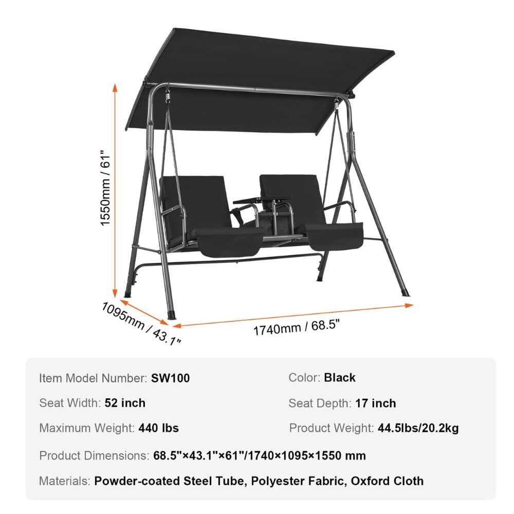 Vevor Ulkoilmaswingit säädettävällä katoksella, 109x174x155 cm, musta hinta ja tiedot | Puutarhakeinut | hobbyhall.fi