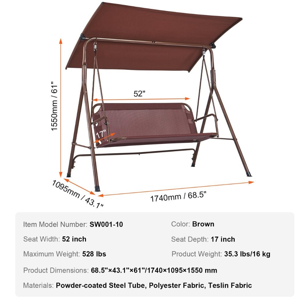 Vevor-ulkoilmaswingit katoksella, 155x109x174 cm, ruskea hinta ja tiedot | Puutarhakeinut | hobbyhall.fi