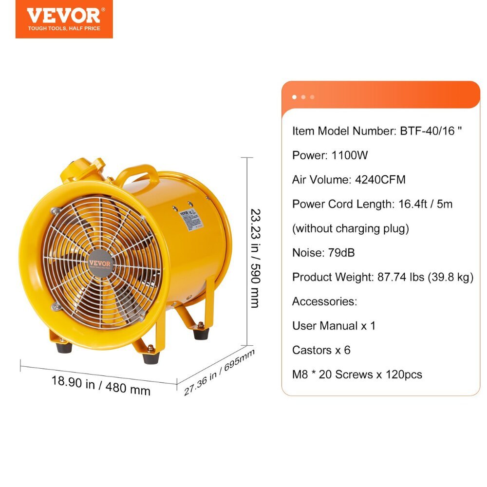 Rakennustuuletin Vevor, 1100W, 2850 rpm hinta ja tiedot | Tuulettimet | hobbyhall.fi