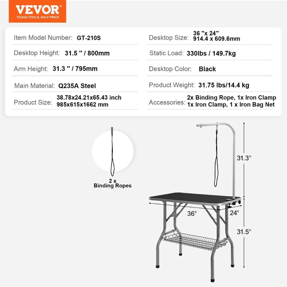 Säädettävä eläinten trimmauspöytä Vevor, 98x61x166 cm hinta ja tiedot | Eläinten hoitotuotteet | hobbyhall.fi