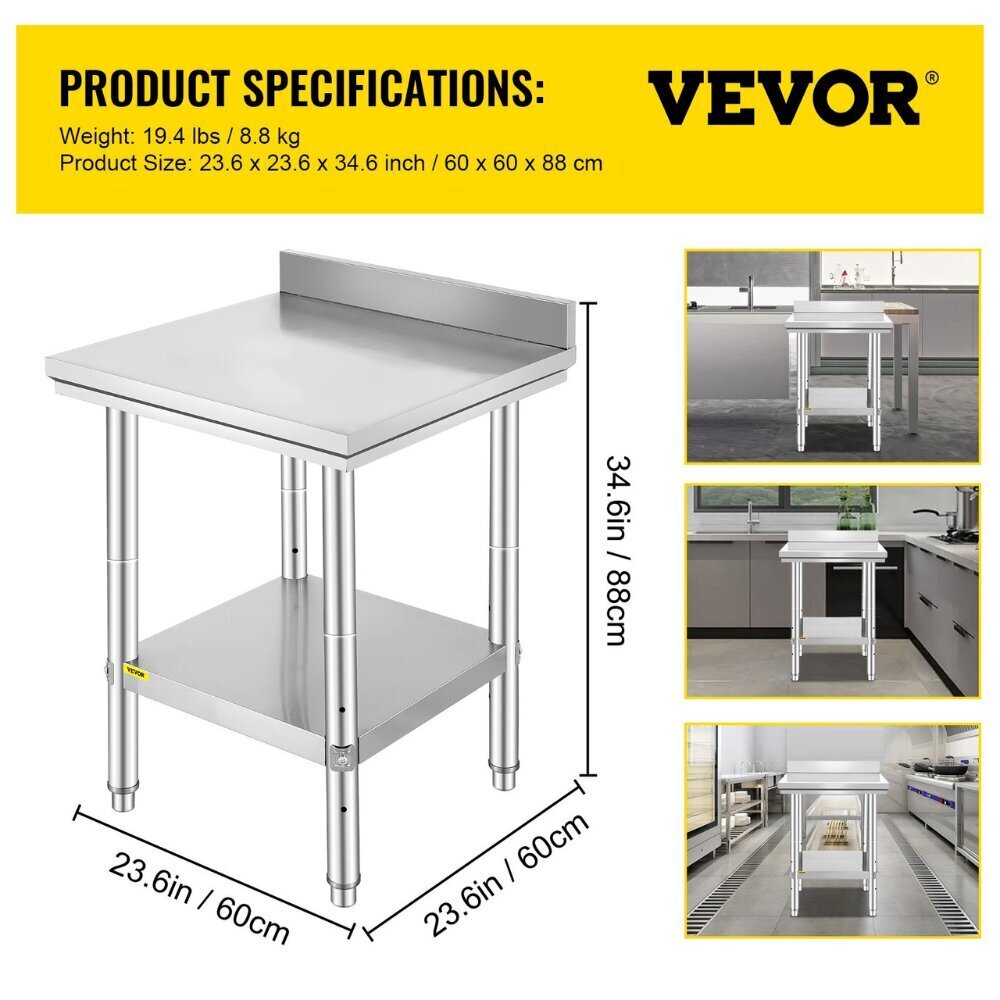 Keittiötyöpöytä pyörillä Vevor, 60x60x88 cm, hopea hinta ja tiedot | Ruokapöydät | hobbyhall.fi