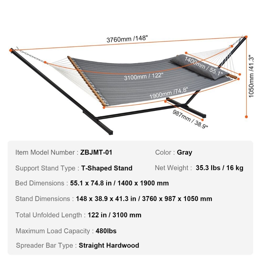 Vevor-riippumatto metallikehyksellä, 376x140 cm, harmaa hinta ja tiedot | Riippumatot | hobbyhall.fi