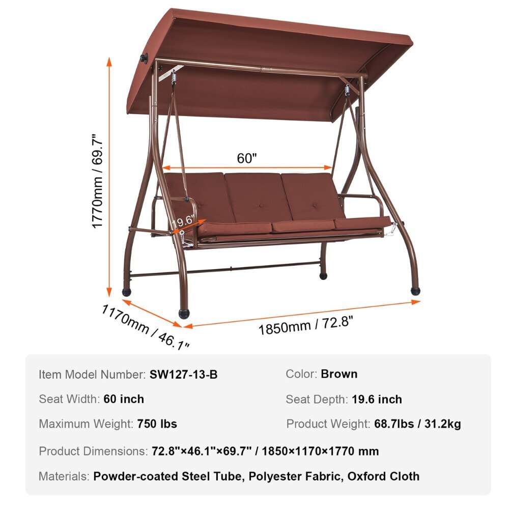 Vevor Ulkoilmaswingit, 177x117x185 cm, ruskea hinta ja tiedot | Puutarhakeinut | hobbyhall.fi