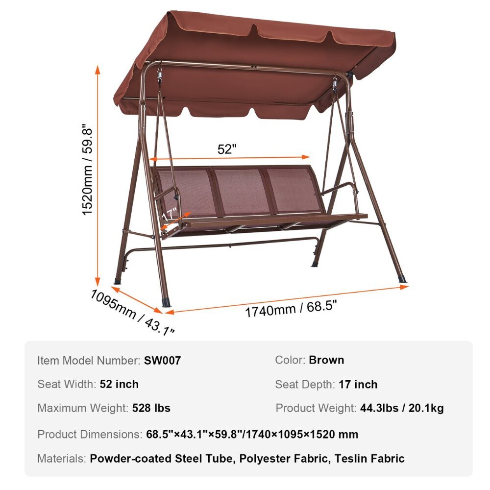 Vevor Ulkoilmaswingit katoksella, 152x109x174 cm, ruskea hinta ja tiedot | Puutarhakeinut | hobbyhall.fi