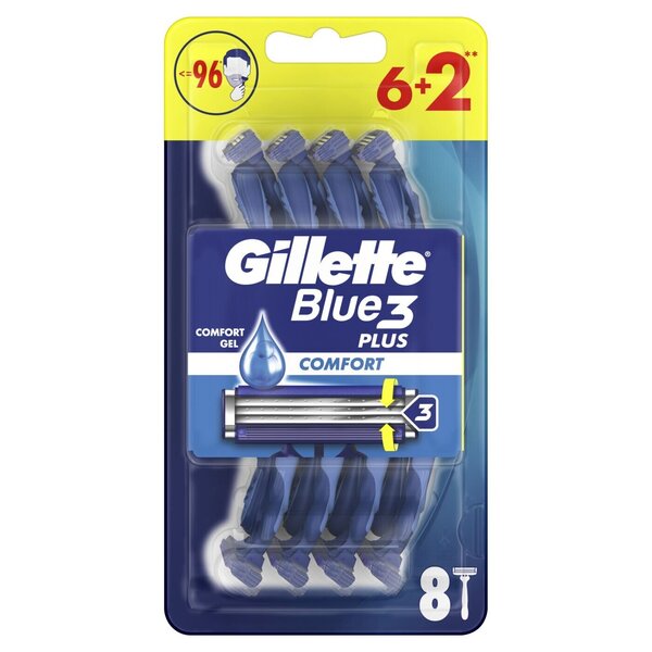 Kertakäyttöiset parranajokoneet Gillette Blue 3 Plus Comfort, 6+2 kpl. x 6 kpl.