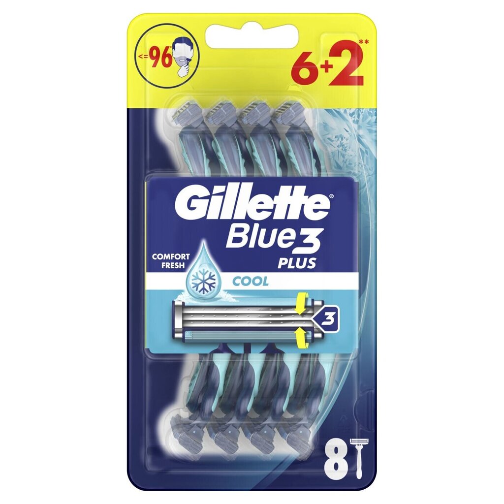 Kertakäyttöiset parranajokoneet Gillette Blue 3 Plus Cool, 6+2 kpl. x 6 kpl. hinta ja tiedot | Parranajo ja karvanpoisto | hobbyhall.fi