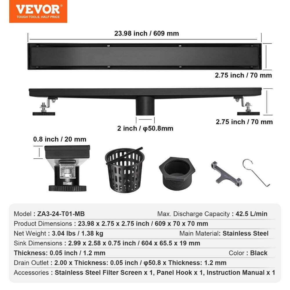 Suihkuallas Vevor, 609x70x70 mm, 42,5 l/min hinta ja tiedot | Lattiakaivot | hobbyhall.fi