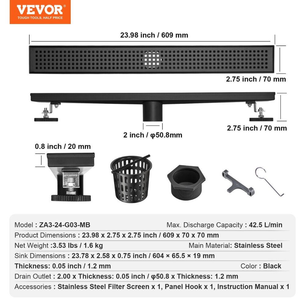 Suihkun lattiakaivo Vevor, 609x70x70 mm, 42,5 l/min hinta ja tiedot | Lattiakaivot | hobbyhall.fi