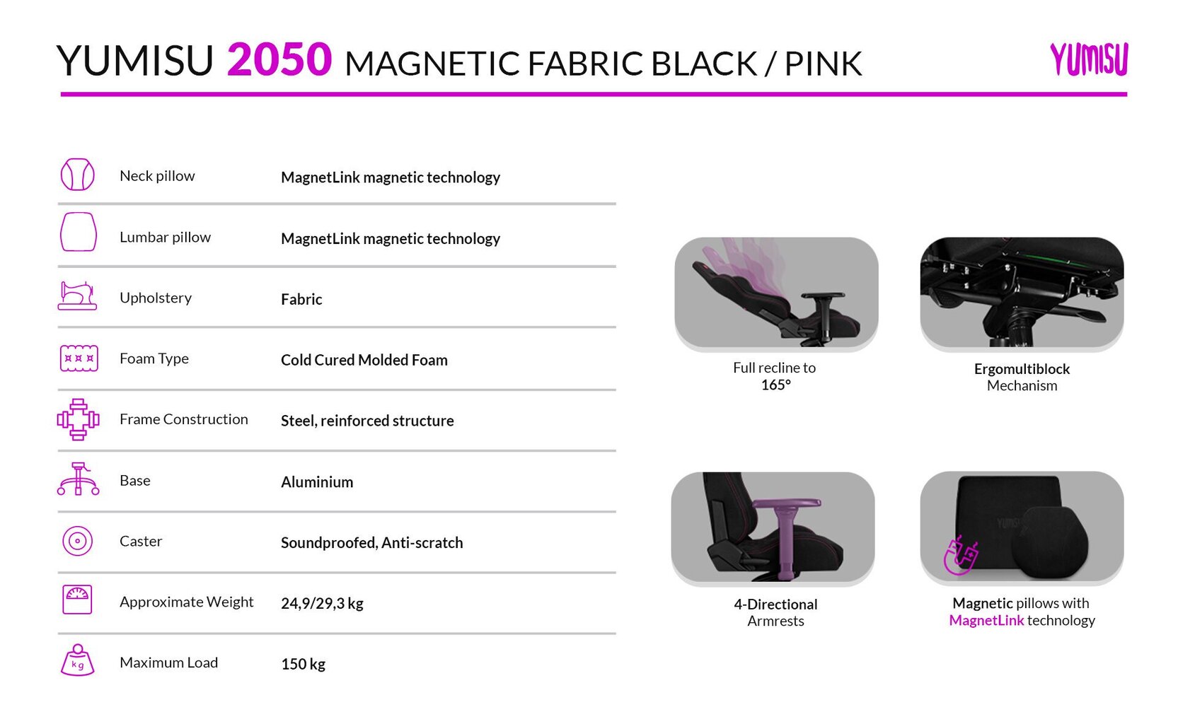 Yumisu 2050 Magnetic Black Pink pelituoli, musta, pinkki materiaali hinta ja tiedot | Toimistotuolit | hobbyhall.fi