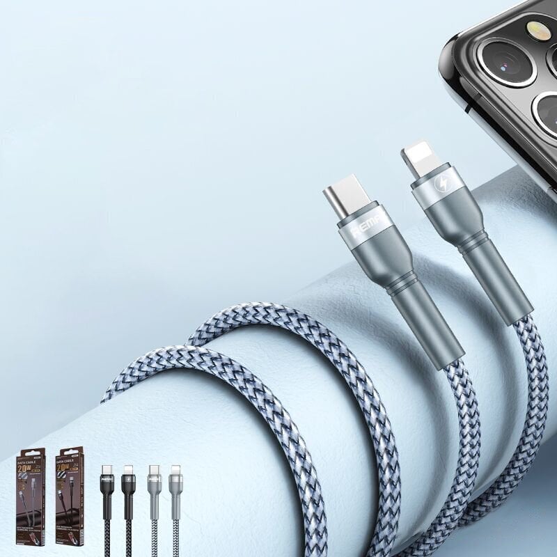 Remax kaapeli Jany Series Cable Nylon Braided, USB Typ C - Lightning, hopea, 1 m hinta ja tiedot | Puhelinkaapelit | hobbyhall.fi