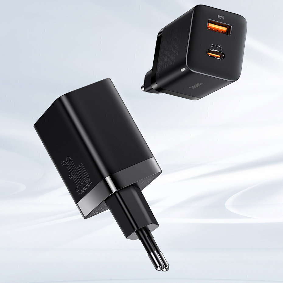 Baseus Super Si Pro Quick Charger USB + USB-C 30W (black) hinta ja tiedot | Puhelimen laturit | hobbyhall.fi