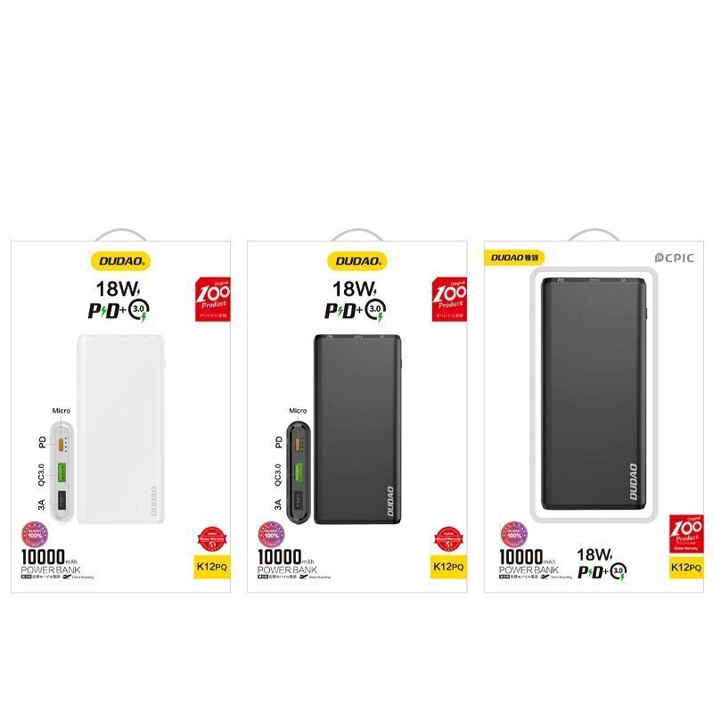 Dudao Power Bank 10000mAh 18W Quick Charge Power Delivery 2x USB / 1x USB Type C valkoinen (K12PQ_W). hinta ja tiedot | Varavirtalähteet | hobbyhall.fi