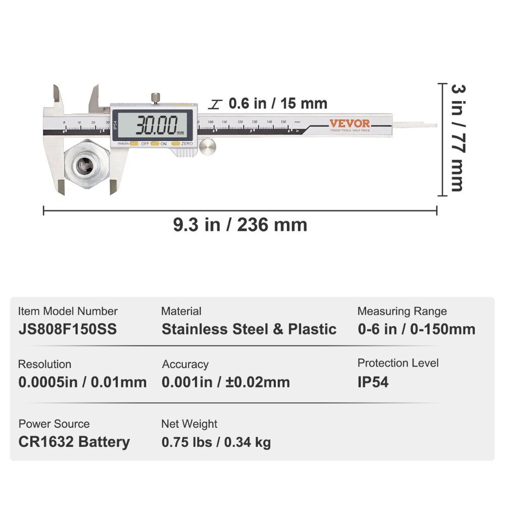 Digitaalinen vernier-syvämittari 0–150 mm, Vevor hinta ja tiedot | Käsityökalut | hobbyhall.fi