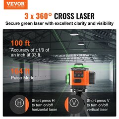 Itse tasoittuva laseritaso, Vevor, 3 x 360°, 30 m hinta ja tiedot | Käsityökalut | hobbyhall.fi