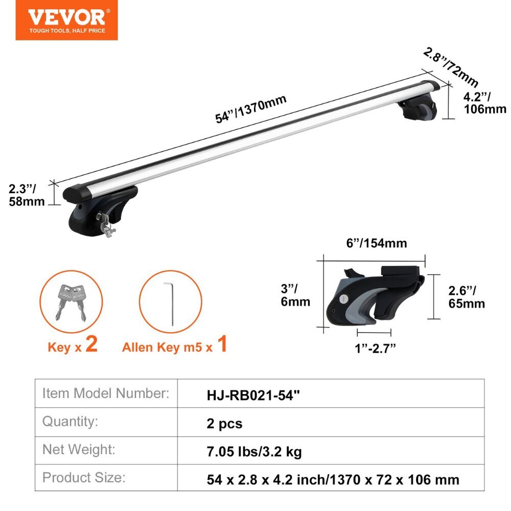 Yleispitkät katto-räkit Vevor, 1370 x 72 x 106 mm hinta ja tiedot | Kattotelineet | hobbyhall.fi