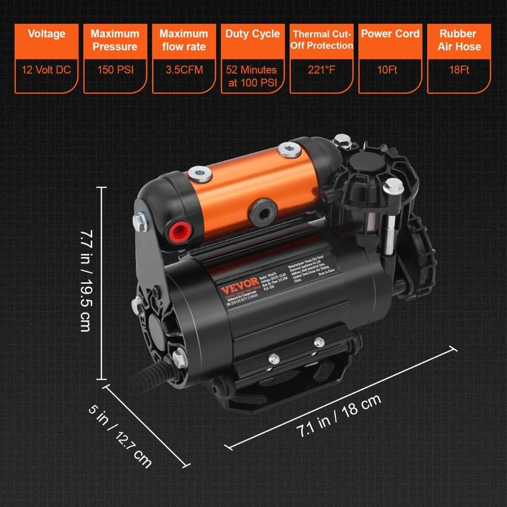 Kompakti kannettava ilmakompressori Vevor, 150 PSI, 100L/min, 12V hinta ja tiedot | Lisätarvikkeet autoiluun | hobbyhall.fi