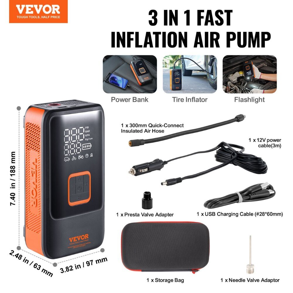 Mini kannettava ilmakompressori Vevor, 3x4000mAh, 150PSI hinta ja tiedot | Lisätarvikkeet autoiluun | hobbyhall.fi