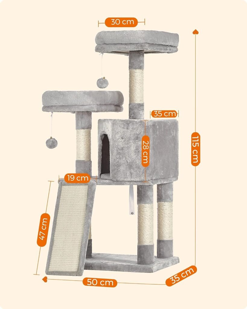 Kissan raapimispuu PCT141W01, 115 cm, harmaa hinta ja tiedot | Raapimispuut ja kiipeilypuut | hobbyhall.fi