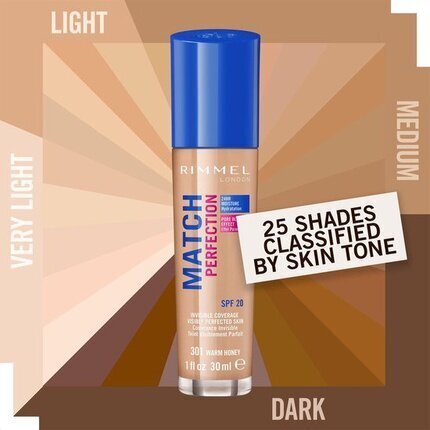 Rimmel London Match Perfection SPF20 meikkivoide 30 ml, 301 Warm Honey hinta ja tiedot | Meikkivoiteet ja puuterit | hobbyhall.fi