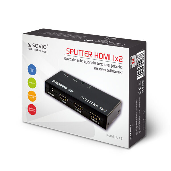 Savio HDMI-liitin, 1 tulo, 2 lähtöä CL-42, musta hinta ja tiedot | Adapterit | hobbyhall.fi