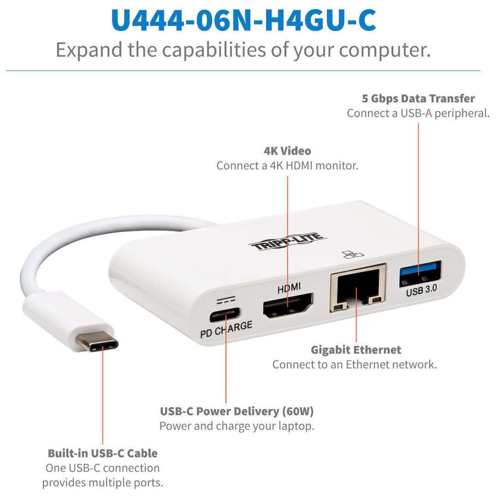 Tripp Lite USB-C Dock U444-06N-H4GU-C Single Display hinta ja tiedot | Adapterit | hobbyhall.fi