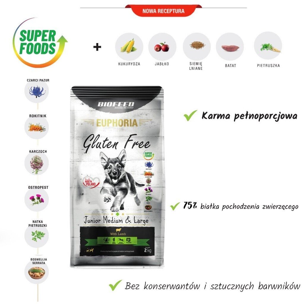 Biofeed Euphoria gluteeniton nuorille keskikokoisten ja suurten rotujen pennuille lammasta, 2 kg hinta ja tiedot | Koiran kuivaruoka | hobbyhall.fi