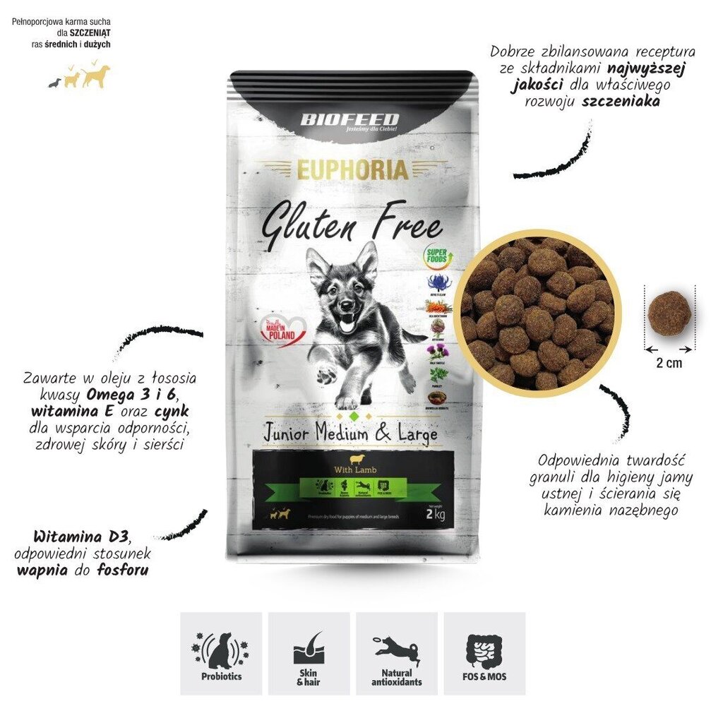 Biofeed Euphoria gluteeniton nuorille keskikokoisten ja suurten rotujen pennuille lammasta, 2 kg hinta ja tiedot | Koiran kuivaruoka | hobbyhall.fi