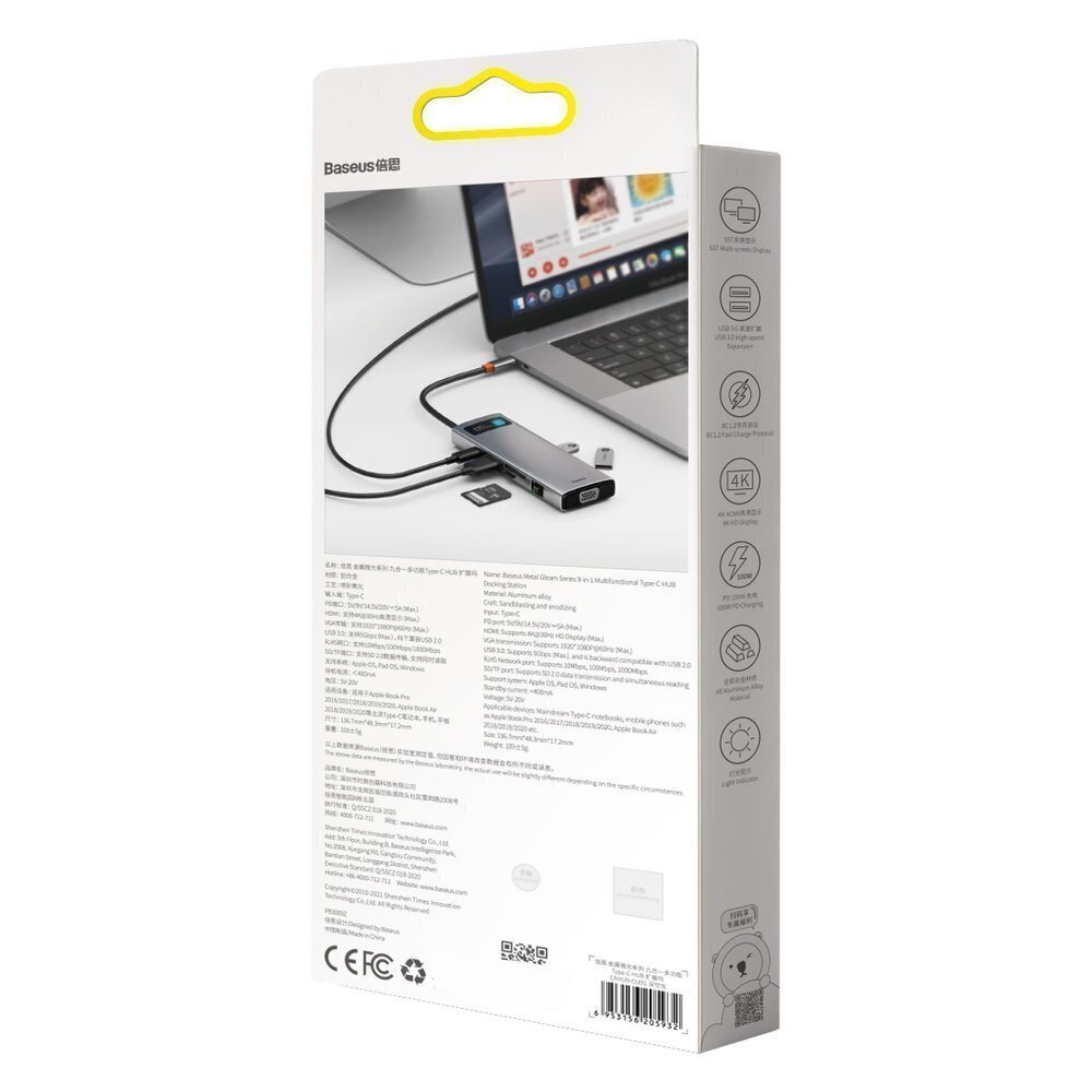 Hub 9in1 Baseus Metal Gleam Series, USB-C to 3x USB 3.0 + HDMI + USB-C PD + Ethernet RJ45 + microSD/SD + VGA hinta ja tiedot | Adapterit | hobbyhall.fi