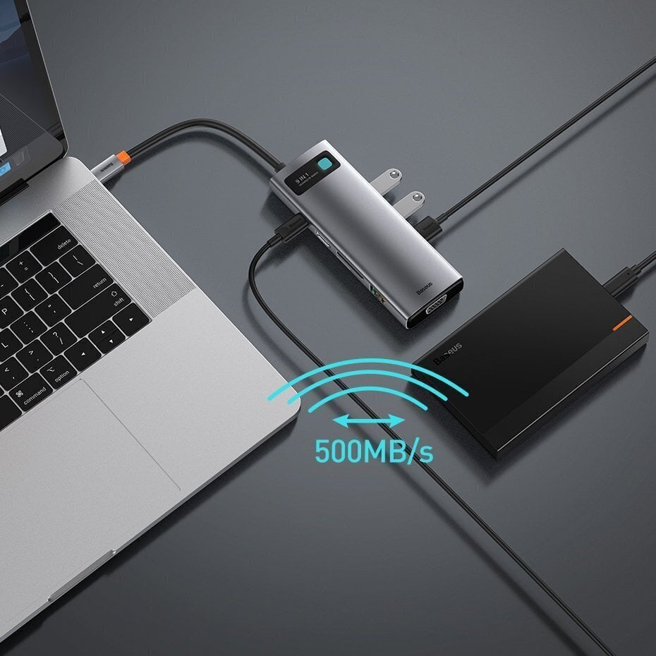 Hub 9in1 Baseus Metal Gleam Series, USB-C to 3x USB 3.0 + HDMI + USB-C PD + Ethernet RJ45 + microSD/SD + VGA hinta ja tiedot | Adapterit | hobbyhall.fi