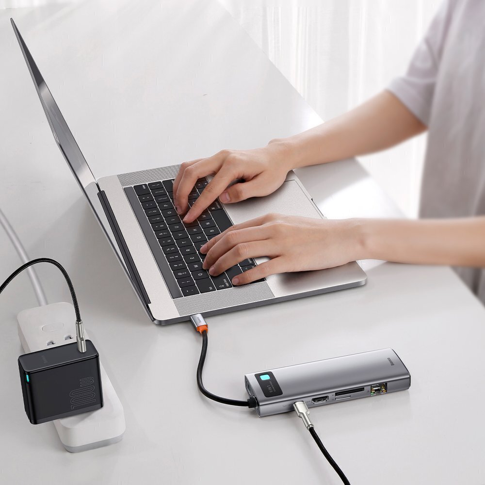 Hub 9in1 Baseus Metal Gleam Series, USB-C to 3x USB 3.0 + HDMI + USB-C PD + Ethernet RJ45 + microSD/SD + VGA hinta ja tiedot | Adapterit | hobbyhall.fi