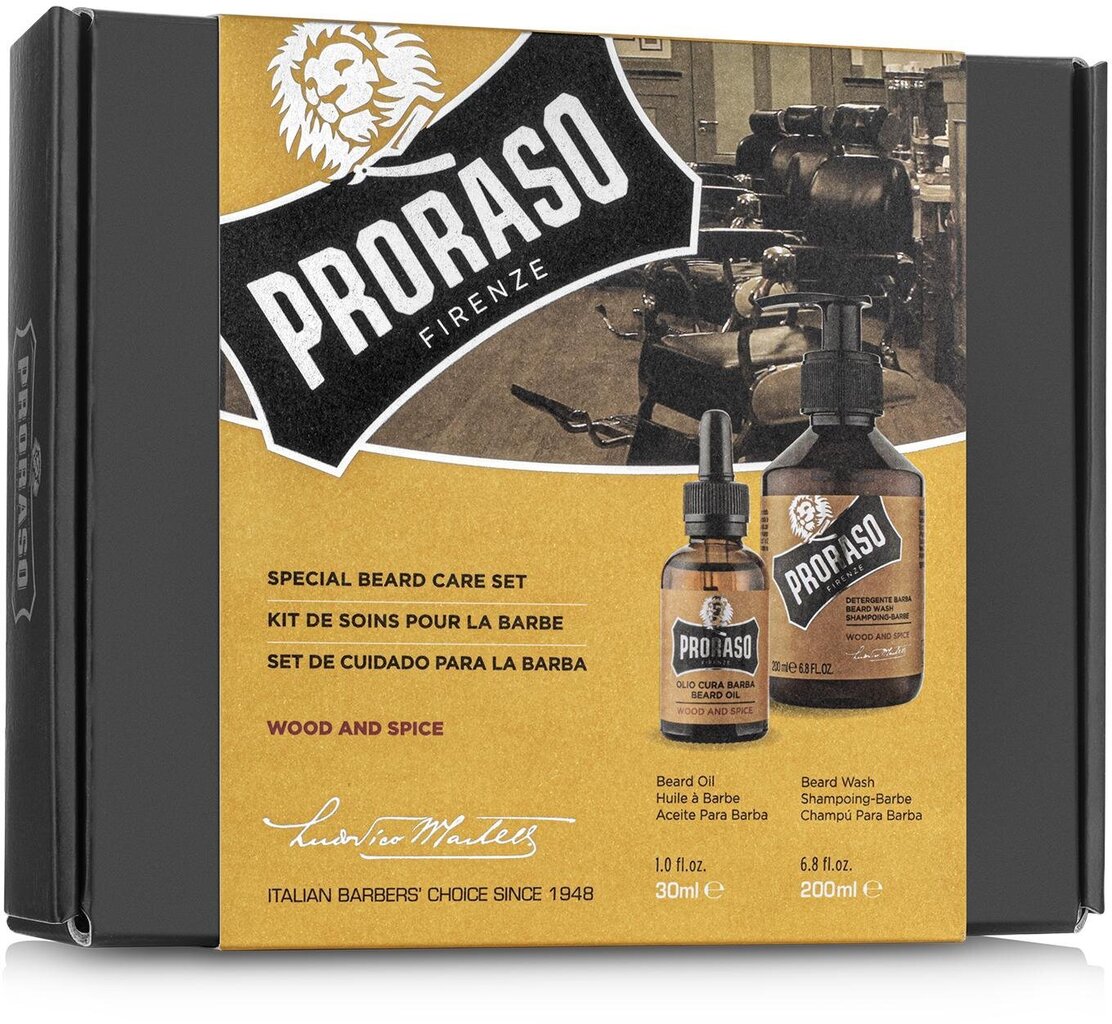 Proraso Duo Pack Wood & Spice Beard Oil & Shampoo Parranhoitosetti hinta ja tiedot | Parranajo ja karvanpoisto | hobbyhall.fi